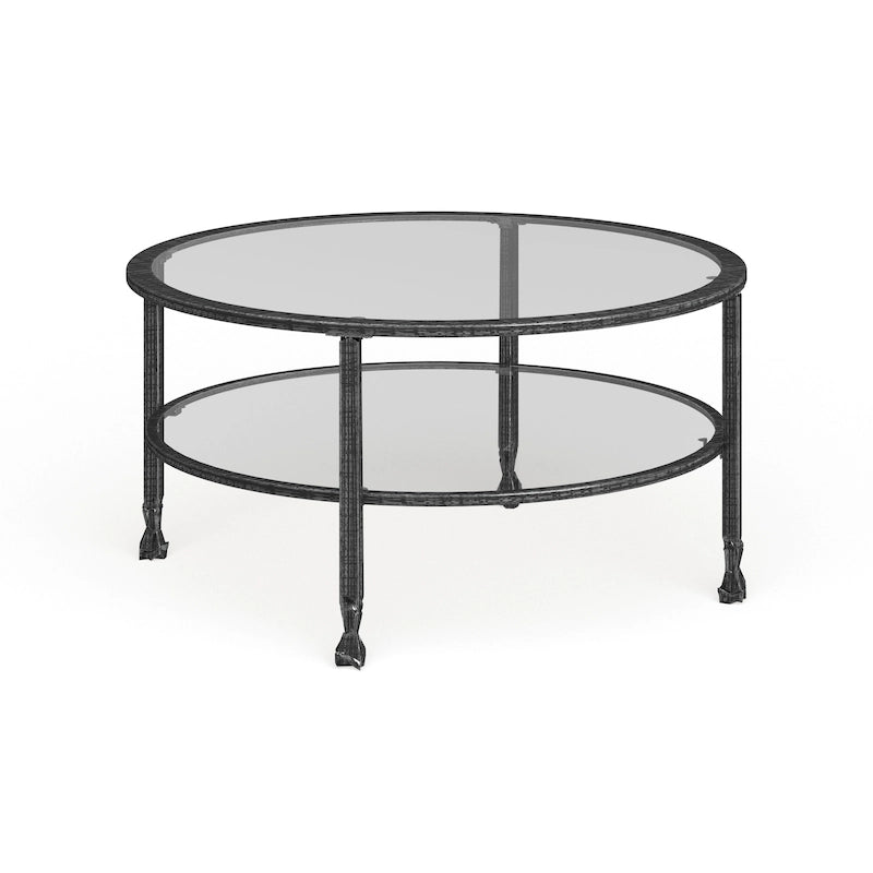 Table basse ronde en fer noir vieilli avec plateau en verre trempé et étagère inférieure