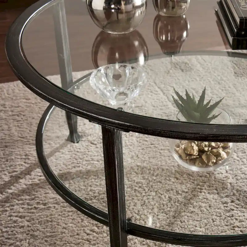 Table basse ronde en fer noir vieilli avec plateau en verre trempé et étagère inférieure