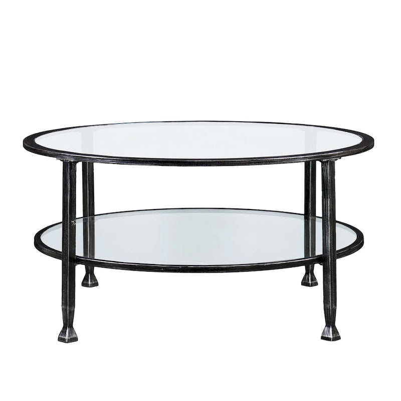 Table basse ronde en fer noir vieilli avec plateau en verre trempé et étagère inférieure