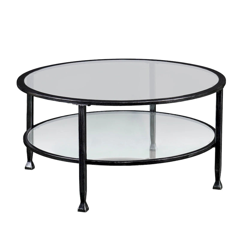 Table basse ronde en fer noir vieilli avec plateau en verre trempé et étagère inférieure