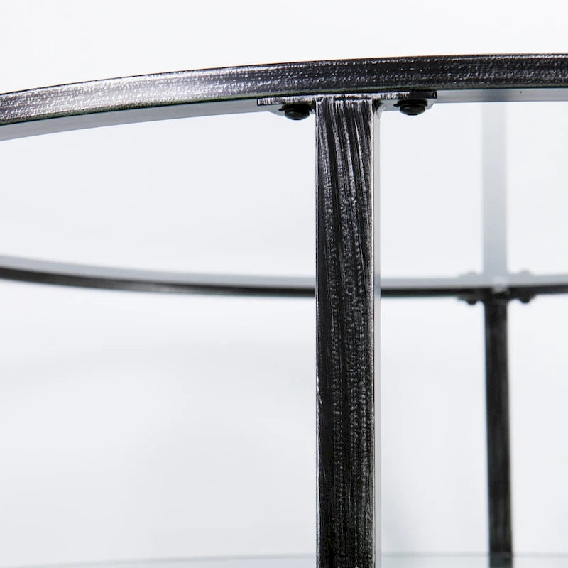Table basse ronde en fer noir vieilli avec plateau en verre trempé et étagère inférieure
