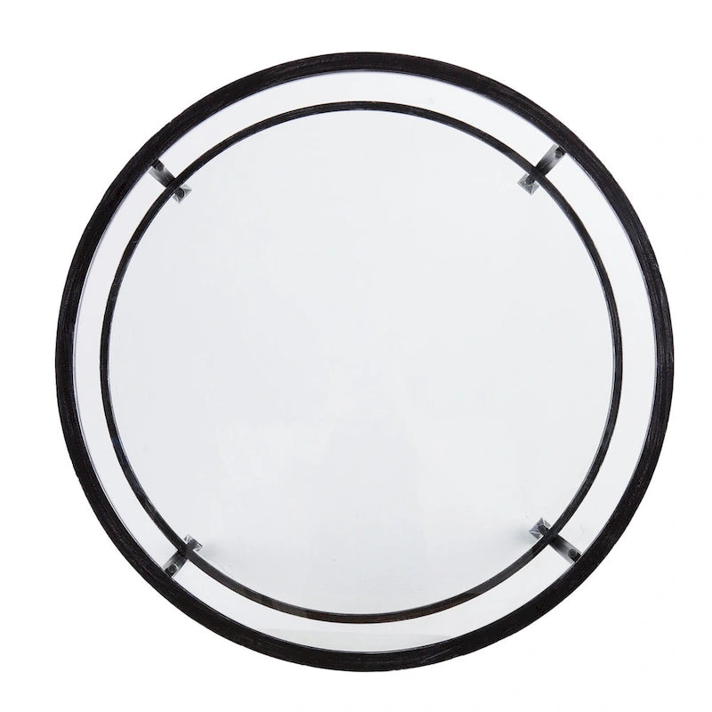 Table basse ronde en fer noir vieilli avec plateau en verre trempé et étagère inférieure