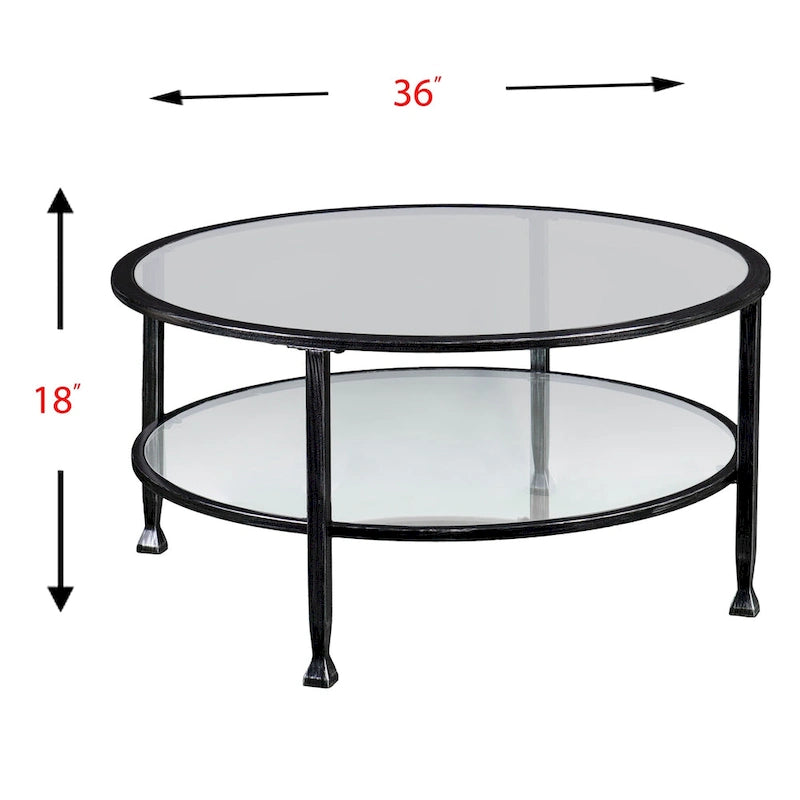 Table basse ronde en fer noir vieilli avec plateau en verre trempé et étagère inférieure