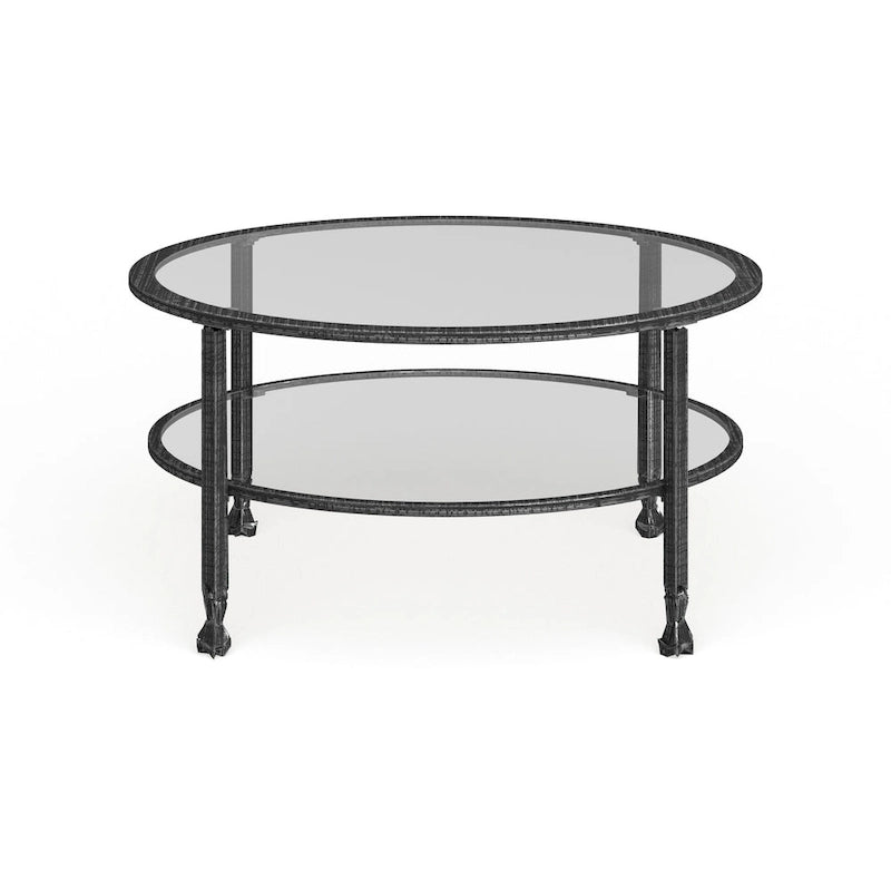 Table basse ronde en fer noir vieilli avec plateau en verre trempé et étagère inférieure