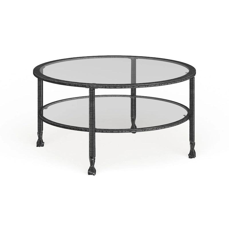Table basse ronde en fer noir vieilli avec plateau en verre trempé et étagère inférieure