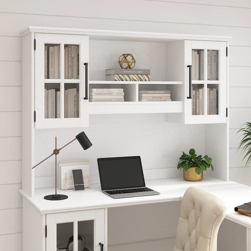 Étagère de bureau 60 W en frêne blanc avec porte vitrée, étagères ouvertes et compartiments de rangement