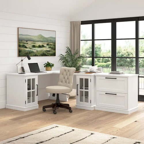 Étagère de bureau 60 W en frêne blanc avec porte vitrée, étagères ouvertes et compartiments de rangement