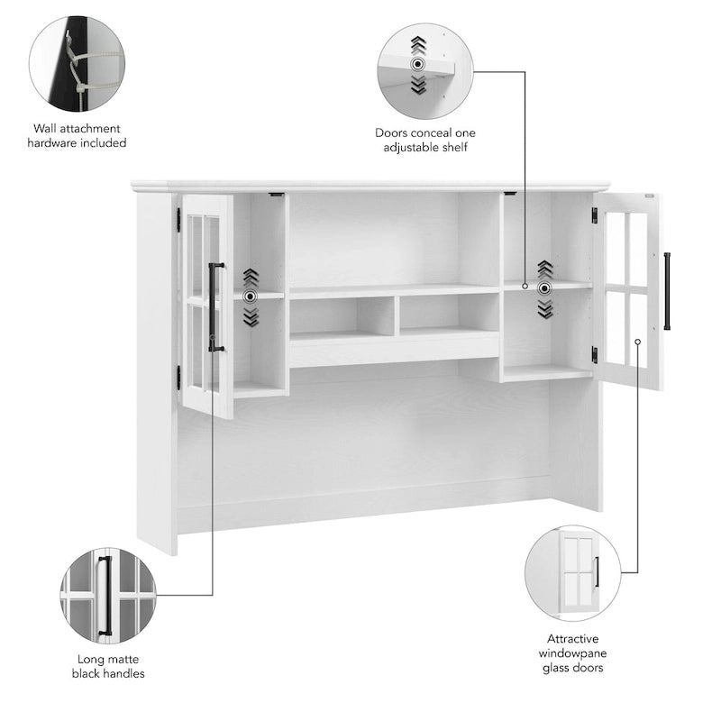 Étagère de bureau 60 W en frêne blanc avec porte vitrée, étagères ouvertes et compartiments de rangement