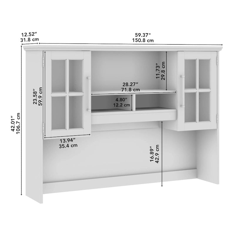 Étagère de bureau 60 W en frêne blanc avec porte vitrée, étagères ouvertes et compartiments de rangement