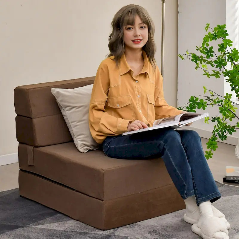 Canapé-lit pliable flocage Chaise longue convertible Marron Rembourrage éponge