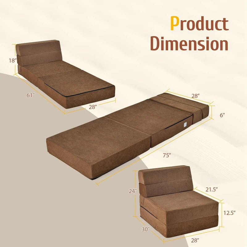 Canapé-lit pliable flocage Chaise longue convertible Marron Rembourrage éponge