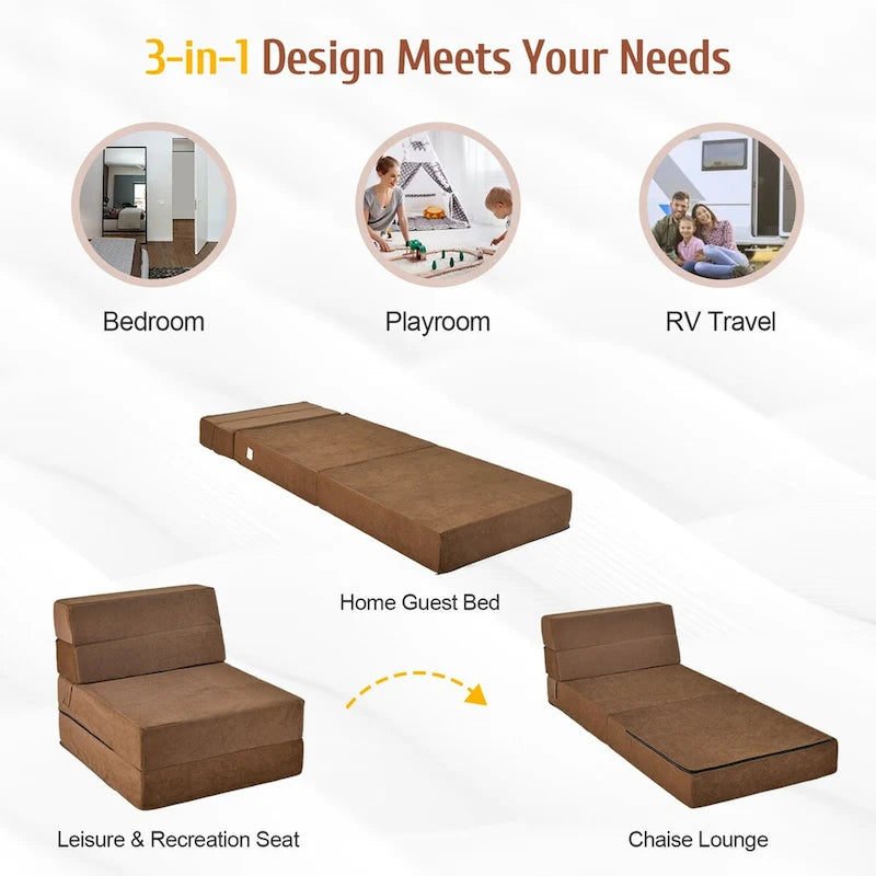Canapé-lit pliable flocage Chaise longue convertible Marron Rembourrage éponge