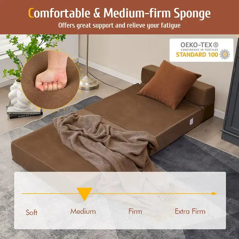 Canapé-lit pliable flocage Chaise longue convertible Marron Rembourrage éponge