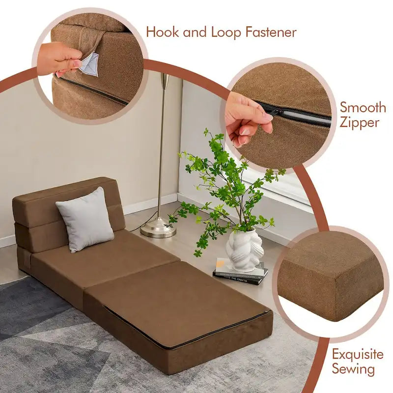 Canapé-lit pliable flocage Chaise longue convertible Marron Rembourrage éponge