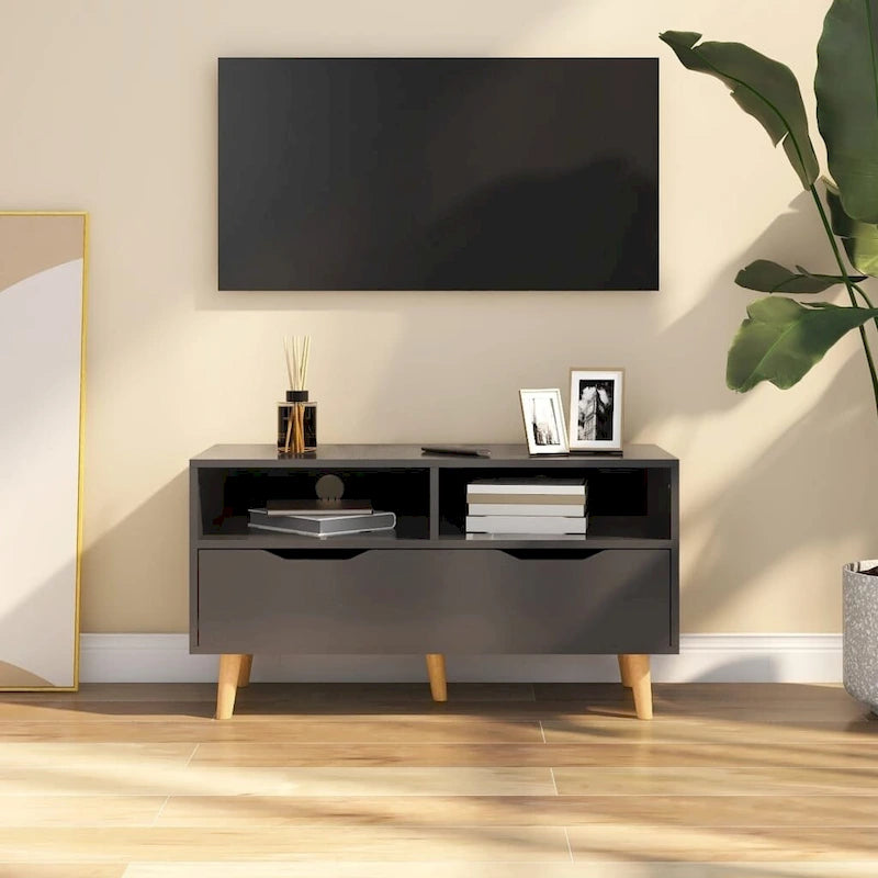 Meuble TV en bois manufacturé avec tiroirs de rangement et étagères ouvertes