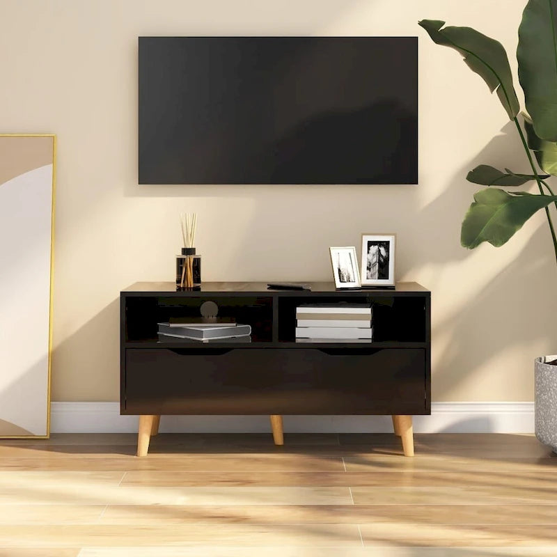 Meuble TV en bois manufacturé avec tiroirs de rangement et étagères ouvertes