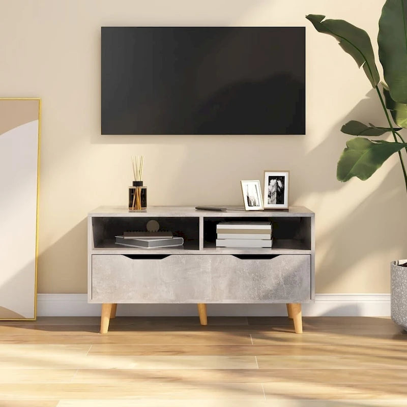Meuble TV en bois manufacturé avec tiroirs de rangement et étagères ouvertes
