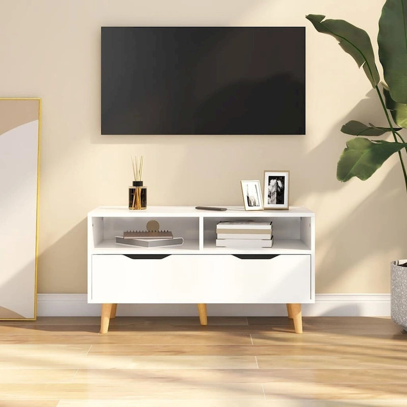 Meuble TV en bois manufacturé avec tiroirs de rangement et étagères ouvertes
