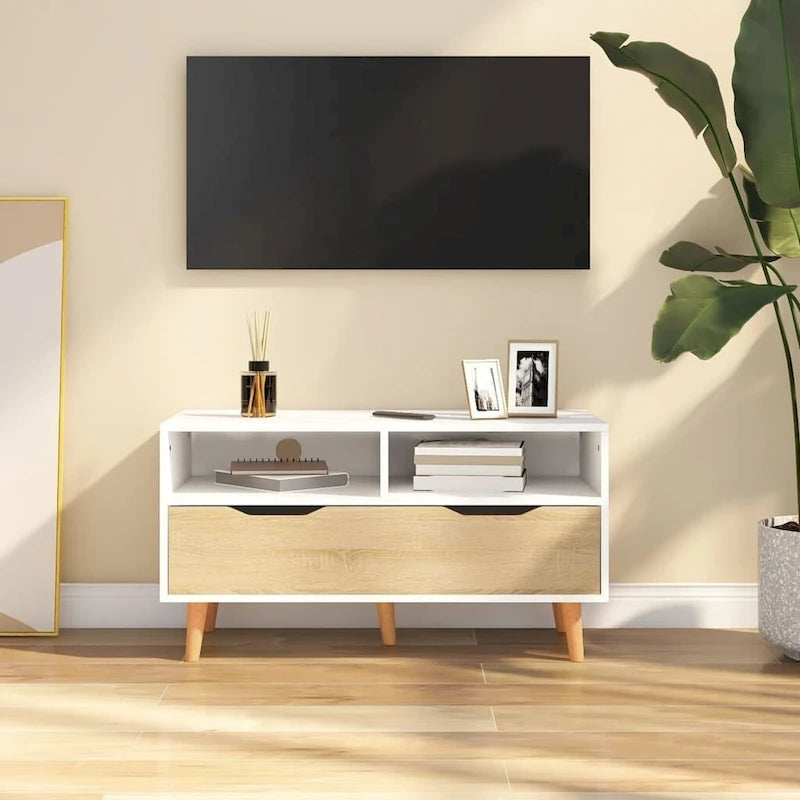 Meuble TV en bois manufacturé avec tiroirs de rangement et étagères ouvertes