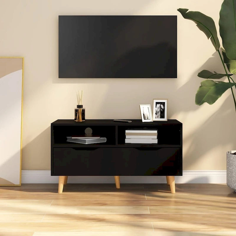 Meuble TV en bois manufacturé avec tiroirs de rangement et étagères ouvertes