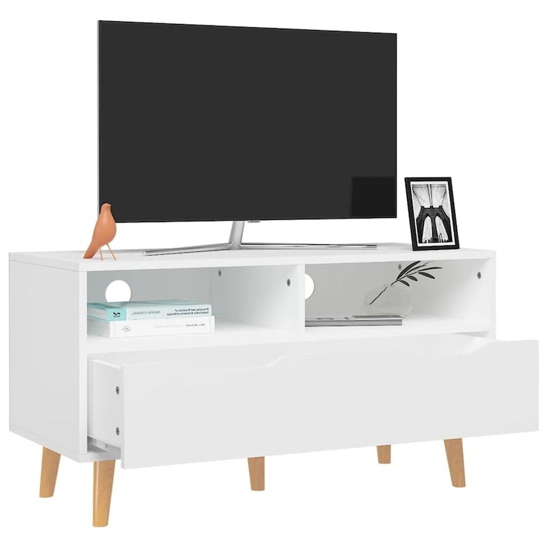 Meuble TV en bois manufacturé avec tiroirs de rangement et étagères ouvertes