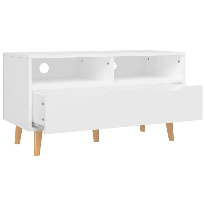 Meuble TV en bois manufacturé avec tiroirs de rangement et étagères ouvertes