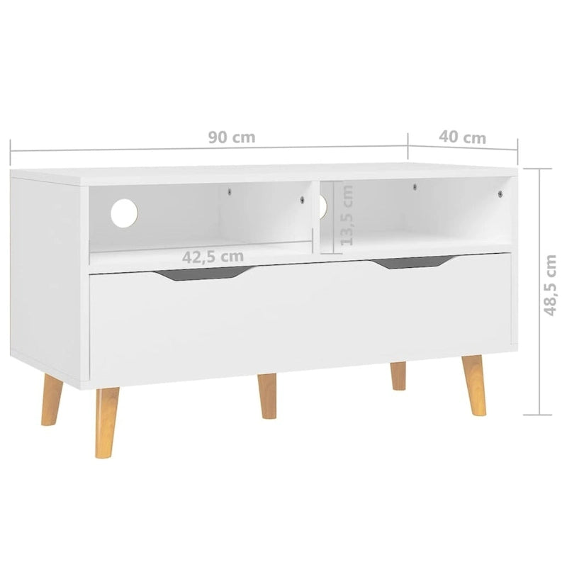 Meuble TV en bois manufacturé avec tiroirs de rangement et étagères ouvertes