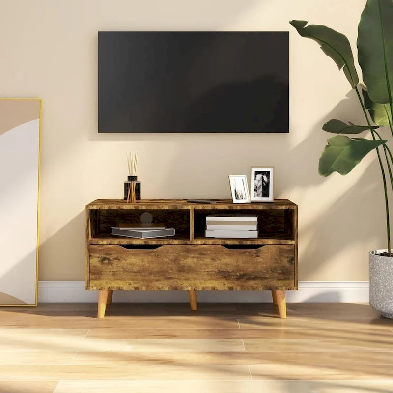 Meuble TV en bois manufacturé avec tiroirs de rangement et étagères ouvertes
