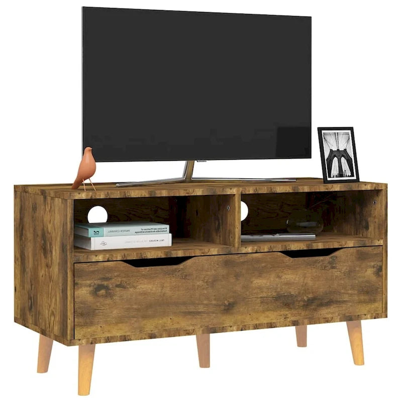 Meuble TV en bois manufacturé avec tiroirs de rangement et étagères ouvertes