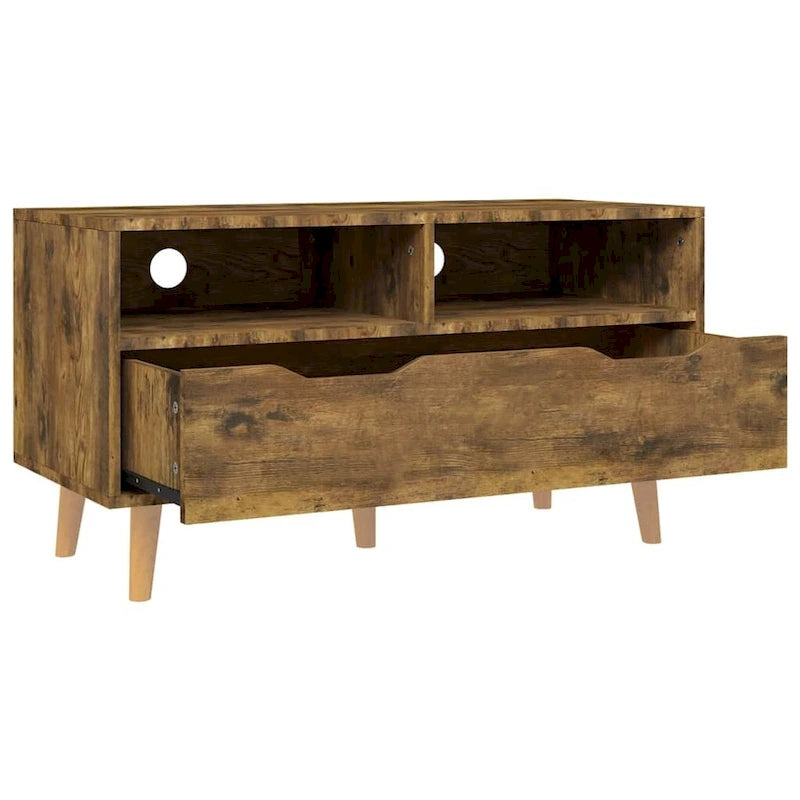 Meuble TV en bois manufacturé avec tiroirs de rangement et étagères ouvertes