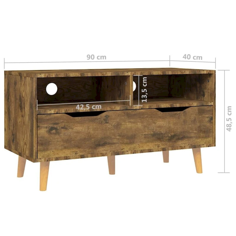 Meuble TV en bois manufacturé avec tiroirs de rangement et étagères ouvertes