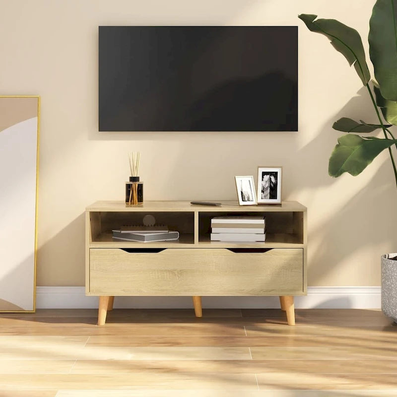 Meuble TV en bois manufacturé avec tiroirs de rangement et étagères ouvertes