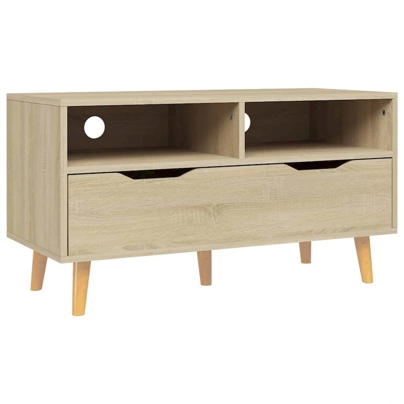Meuble TV en bois manufacturé avec tiroirs de rangement et étagères ouvertes