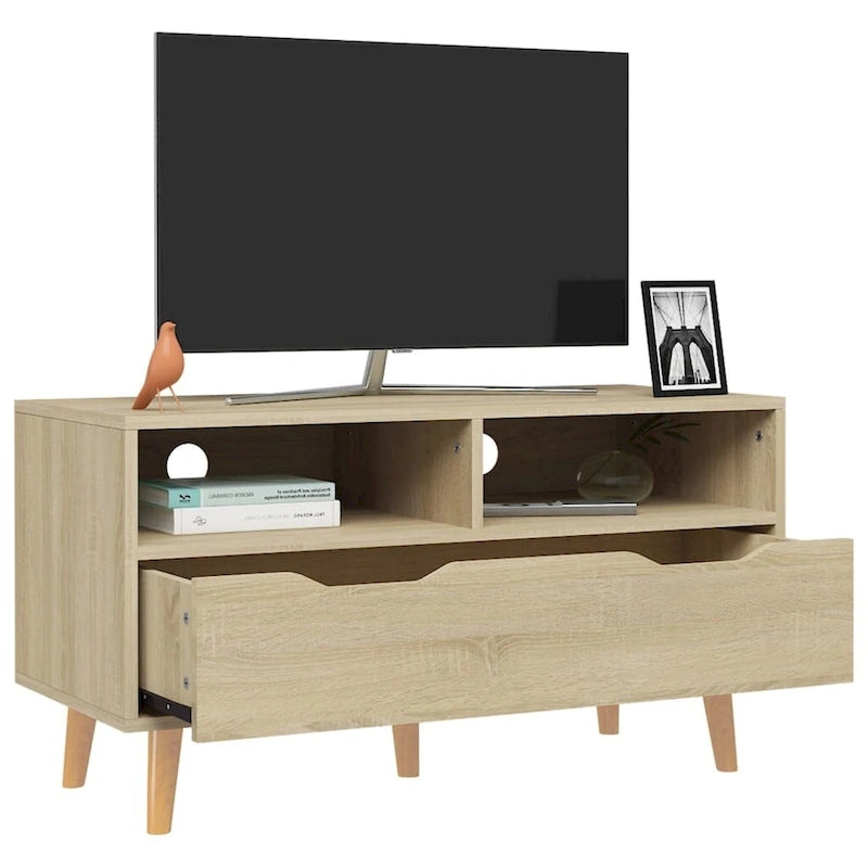 Meuble TV en bois manufacturé avec tiroirs de rangement et étagères ouvertes