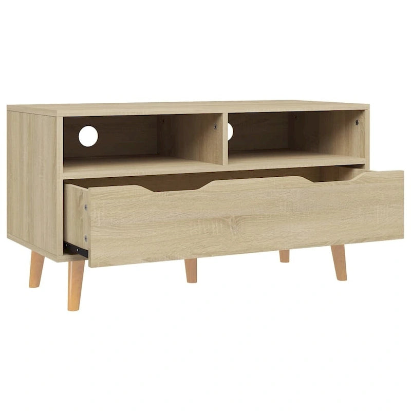Meuble TV en bois manufacturé avec tiroirs de rangement et étagères ouvertes