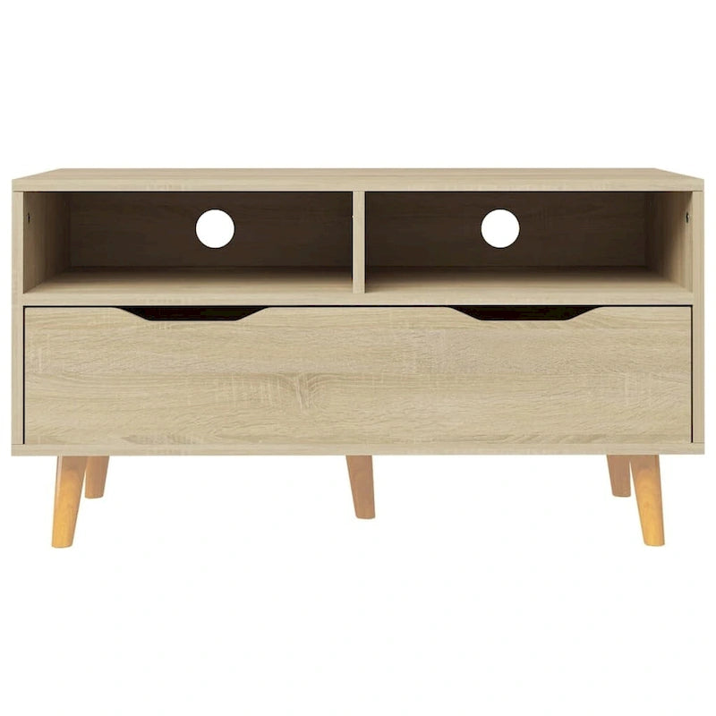 Meuble TV en bois manufacturé avec tiroirs de rangement et étagères ouvertes