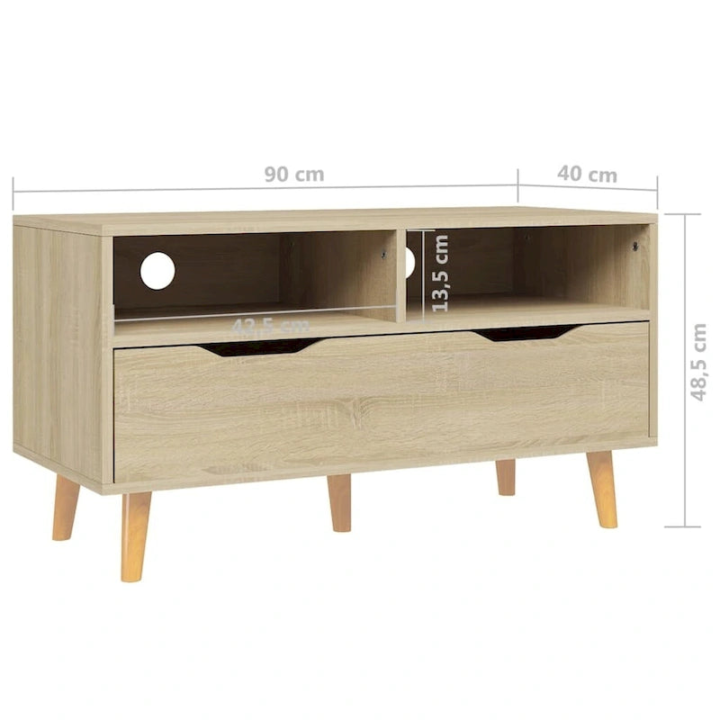 Meuble TV en bois manufacturé avec tiroirs de rangement et étagères ouvertes