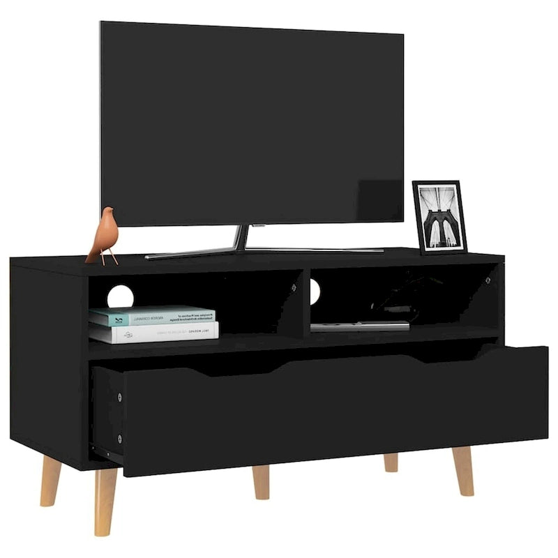 Meuble TV en bois manufacturé avec tiroirs de rangement et étagères ouvertes