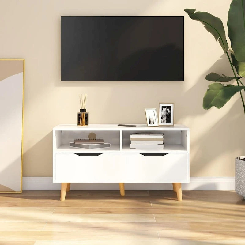 Meuble TV en bois manufacturé avec tiroirs de rangement et étagères ouvertes