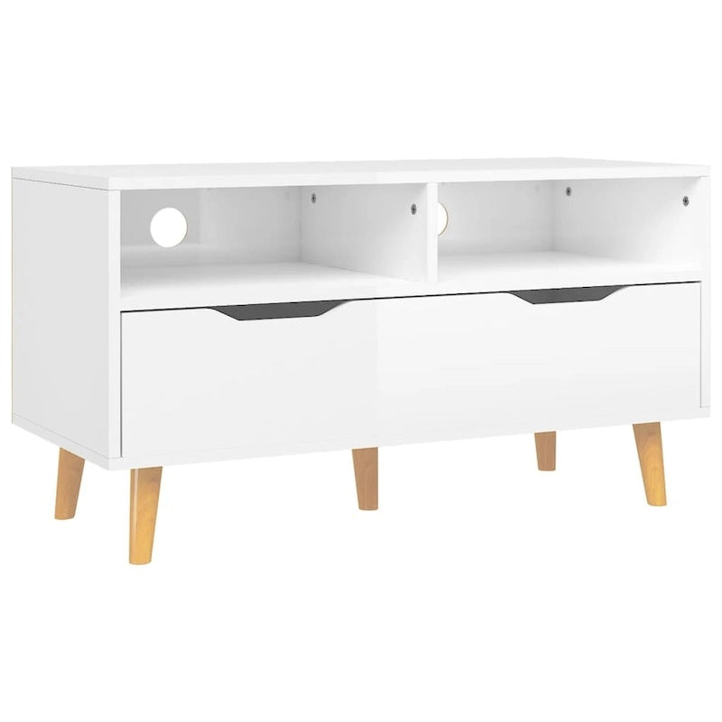 Meuble TV en bois manufacturé avec tiroirs de rangement et étagères ouvertes