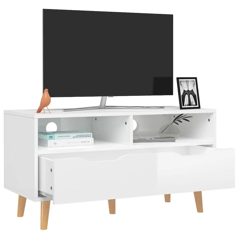 Meuble TV en bois manufacturé avec tiroirs de rangement et étagères ouvertes
