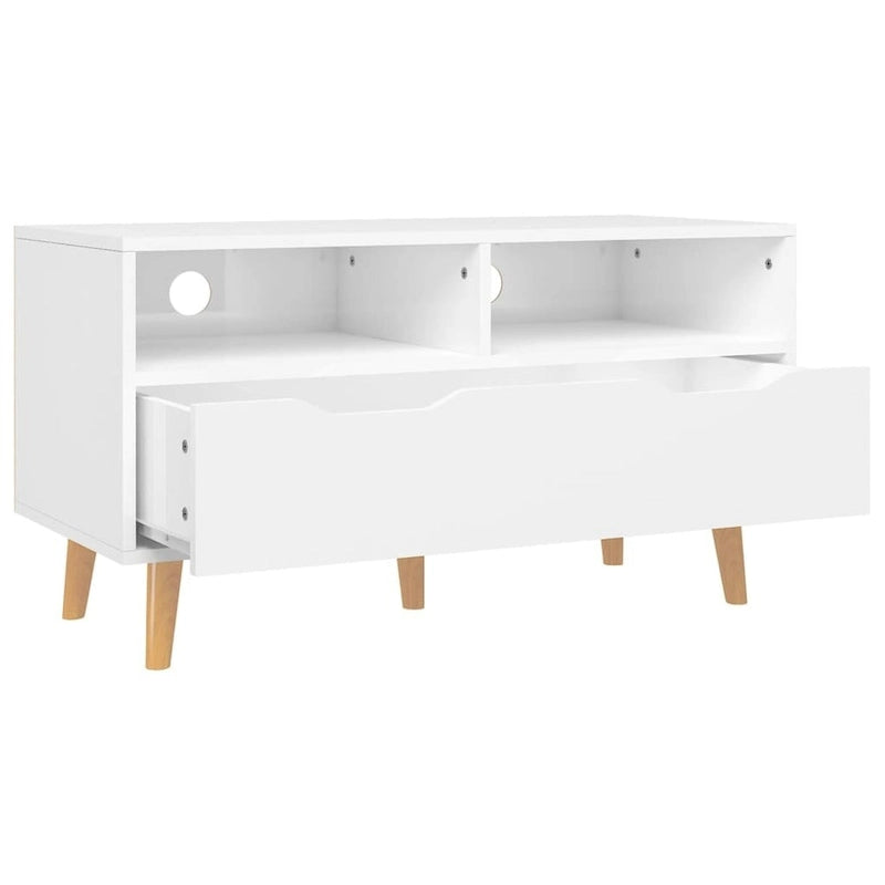 Meuble TV en bois manufacturé avec tiroirs de rangement et étagères ouvertes