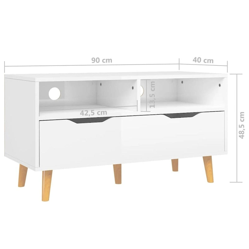 Meuble TV en bois manufacturé avec tiroirs de rangement et étagères ouvertes