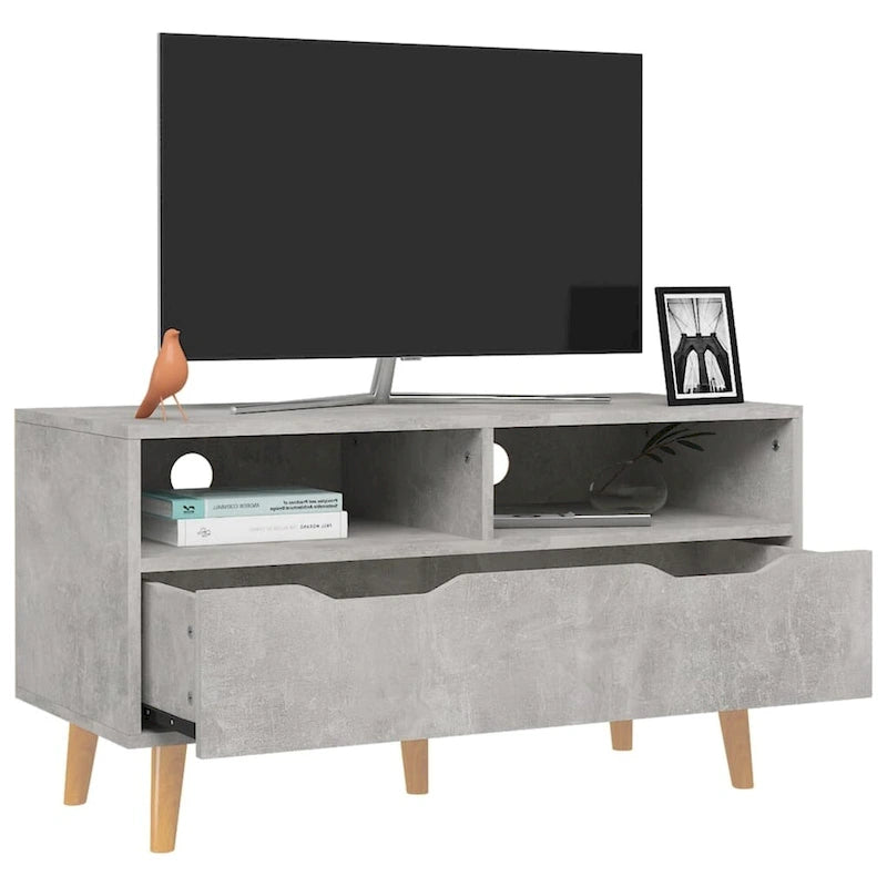 Meuble TV en bois manufacturé avec tiroirs de rangement et étagères ouvertes