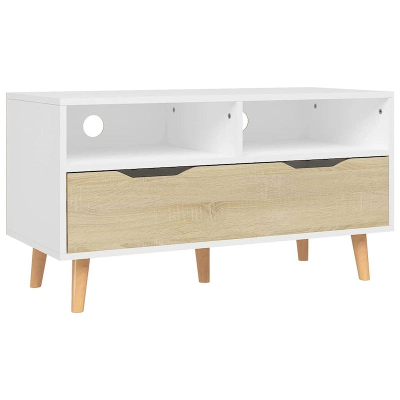 Meuble TV en bois manufacturé avec tiroirs de rangement et étagères ouvertes
