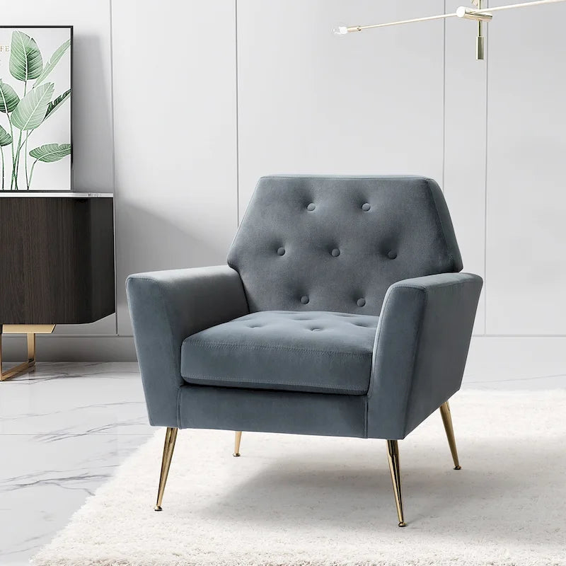 Fauteuil d'appoint capitonné en velours avec pieds en métal doré multicolore