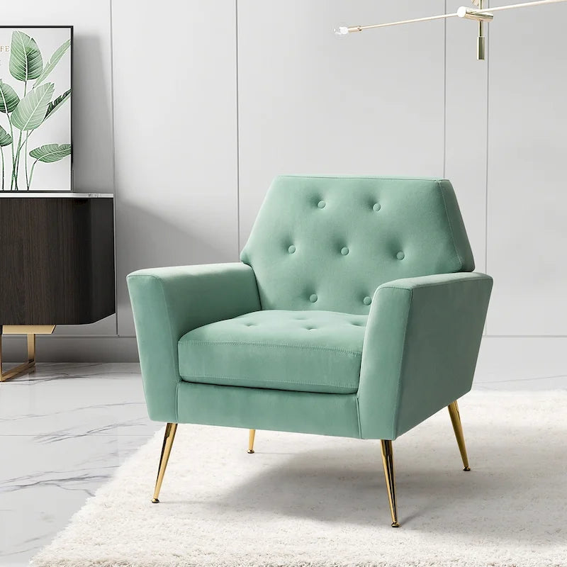 Fauteuil d'appoint capitonné en velours avec pieds en métal doré multicolore