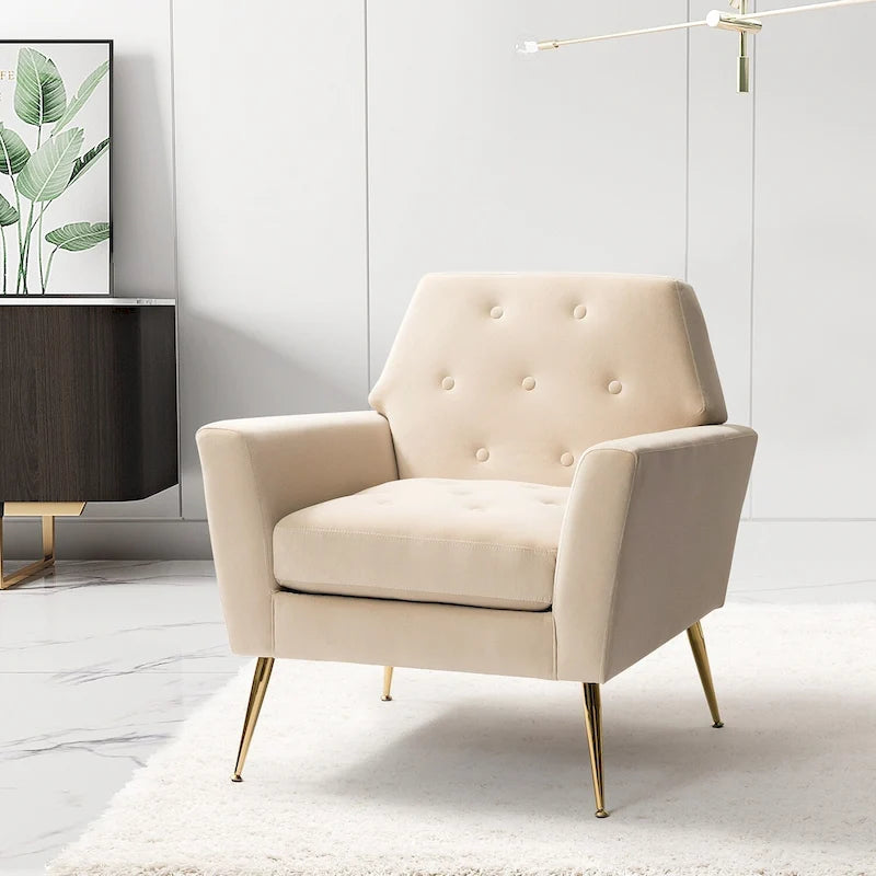 Fauteuil d'appoint capitonné en velours avec pieds en métal doré multicolore