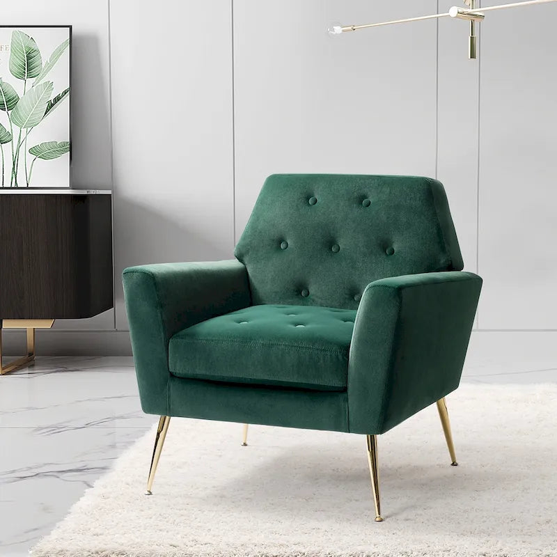 Fauteuil d'appoint capitonné en velours avec pieds en métal doré multicolore