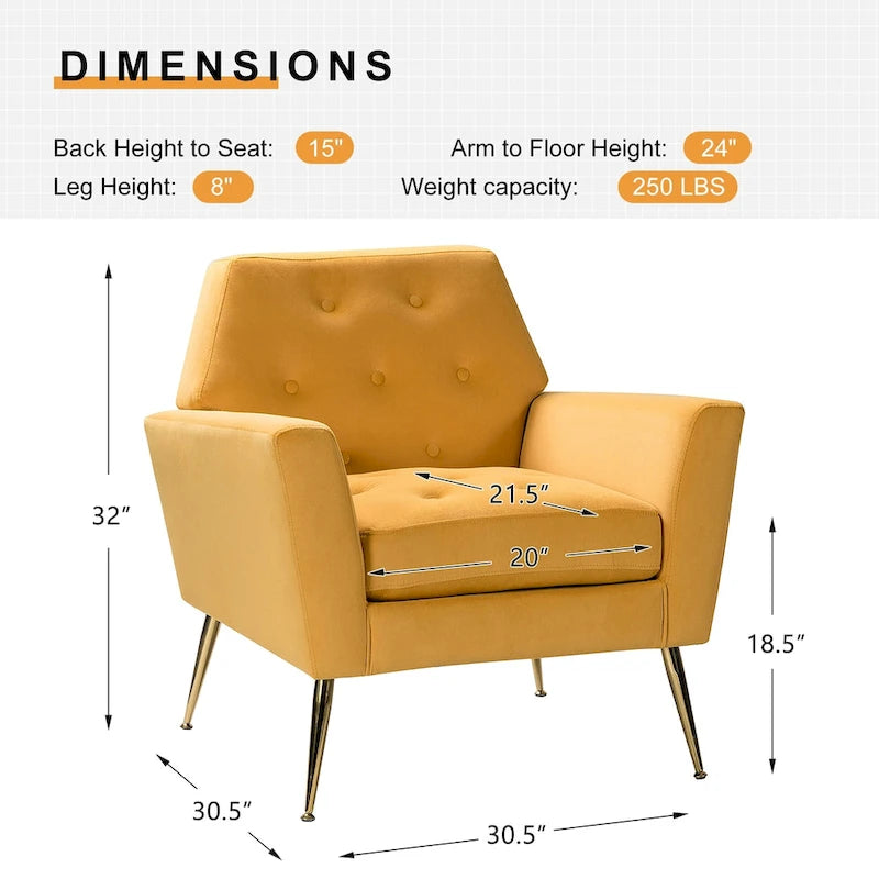 Fauteuil d'appoint capitonné en velours avec pieds en métal doré multicolore